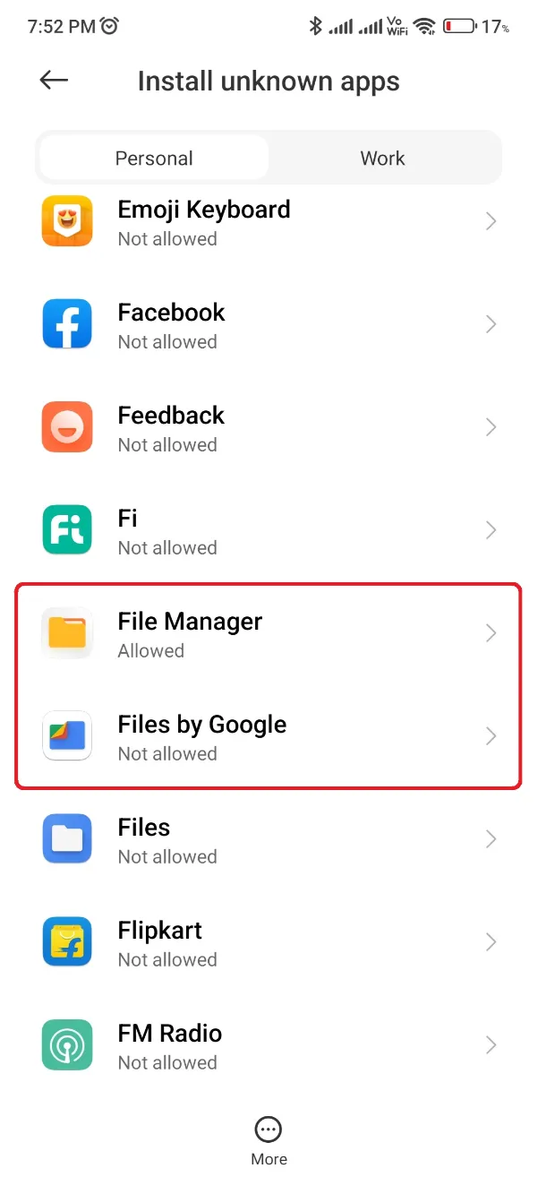 Autoriser l'installation de sources inconnues pour l'application Gestionnaire de fichiers