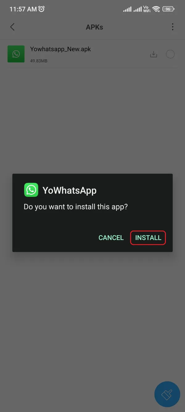 YoWhatsApp APK Popup