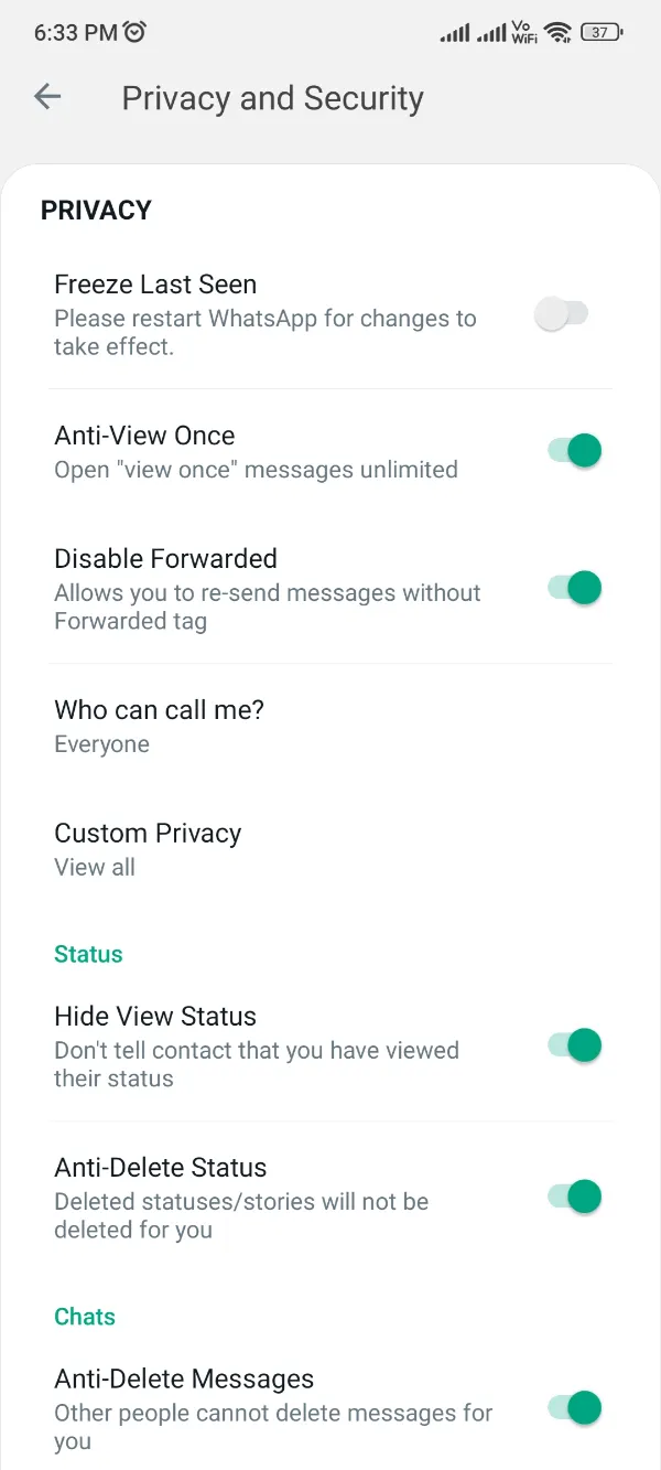 YoWhatsApp Hiding Features