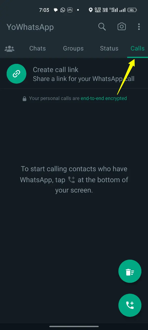 YoWhatsApp Calls Tab