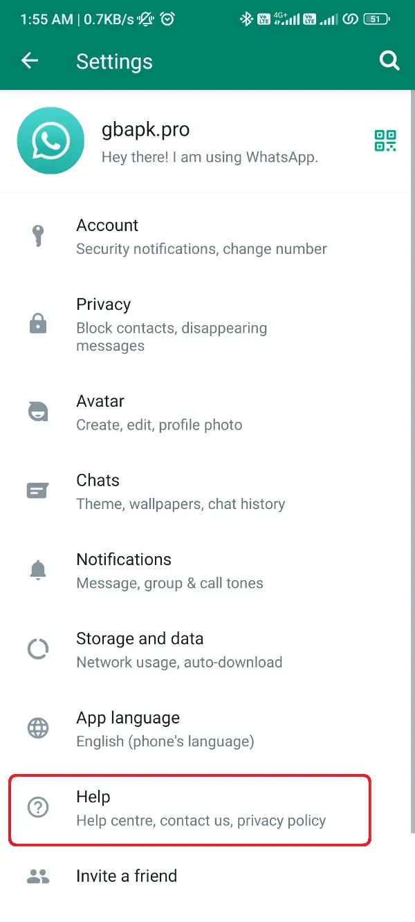 Tap on Help WhatsApp Plus