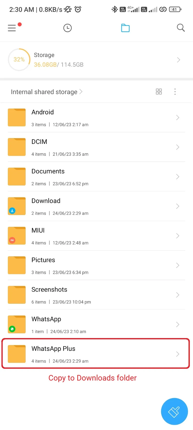 Copy WhatsApp Plus Folder To Downloads Folder
